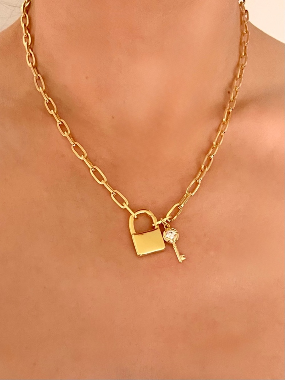 Gold Lock & Key Charm Necklace - Women Jewelry